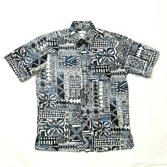 Made in Hawaii USA Cotton Hawaiian‎ Printed Shirt S Blue White Floral Tropical - Picture 1 of 12
